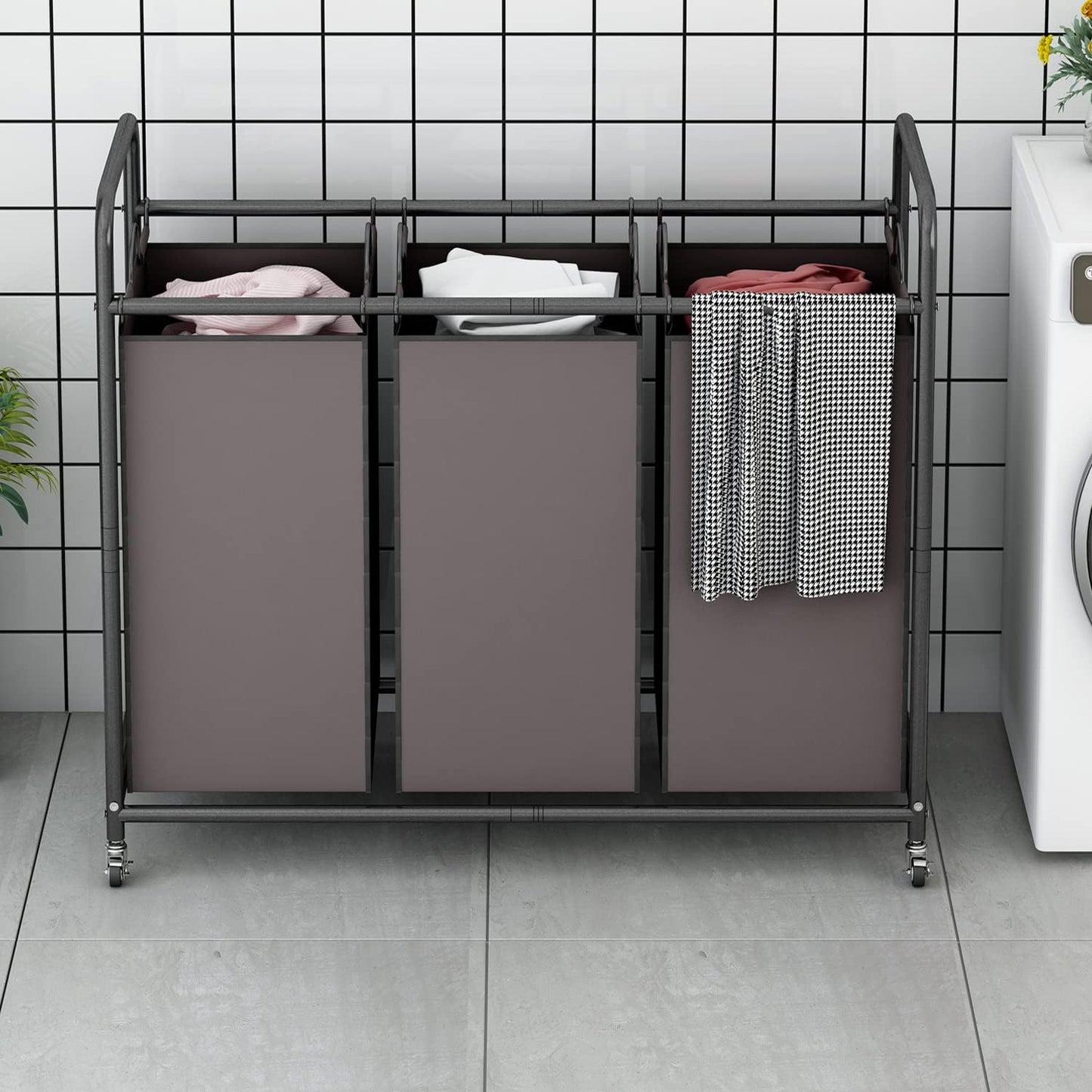LINZINAR 3 Section Laundry Hamper, Black Laundry Basket 135L Laundry Sorter | Laundry Room Organization with Heavy Duty Rolling Lockable Wheels and Removable Bag, Bedroom Laundry Cart for Clothes Storage