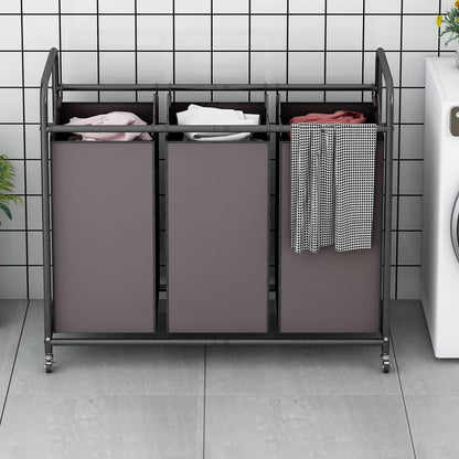 LINZINAR 3 Section Laundry Hamper, Black Laundry Basket 135L Laundry Sorter | Laundry Room Organization with Heavy Duty Rolling Lockable Wheels and Removable Bag, Bedroom Laundry Cart for Clothes Storage
