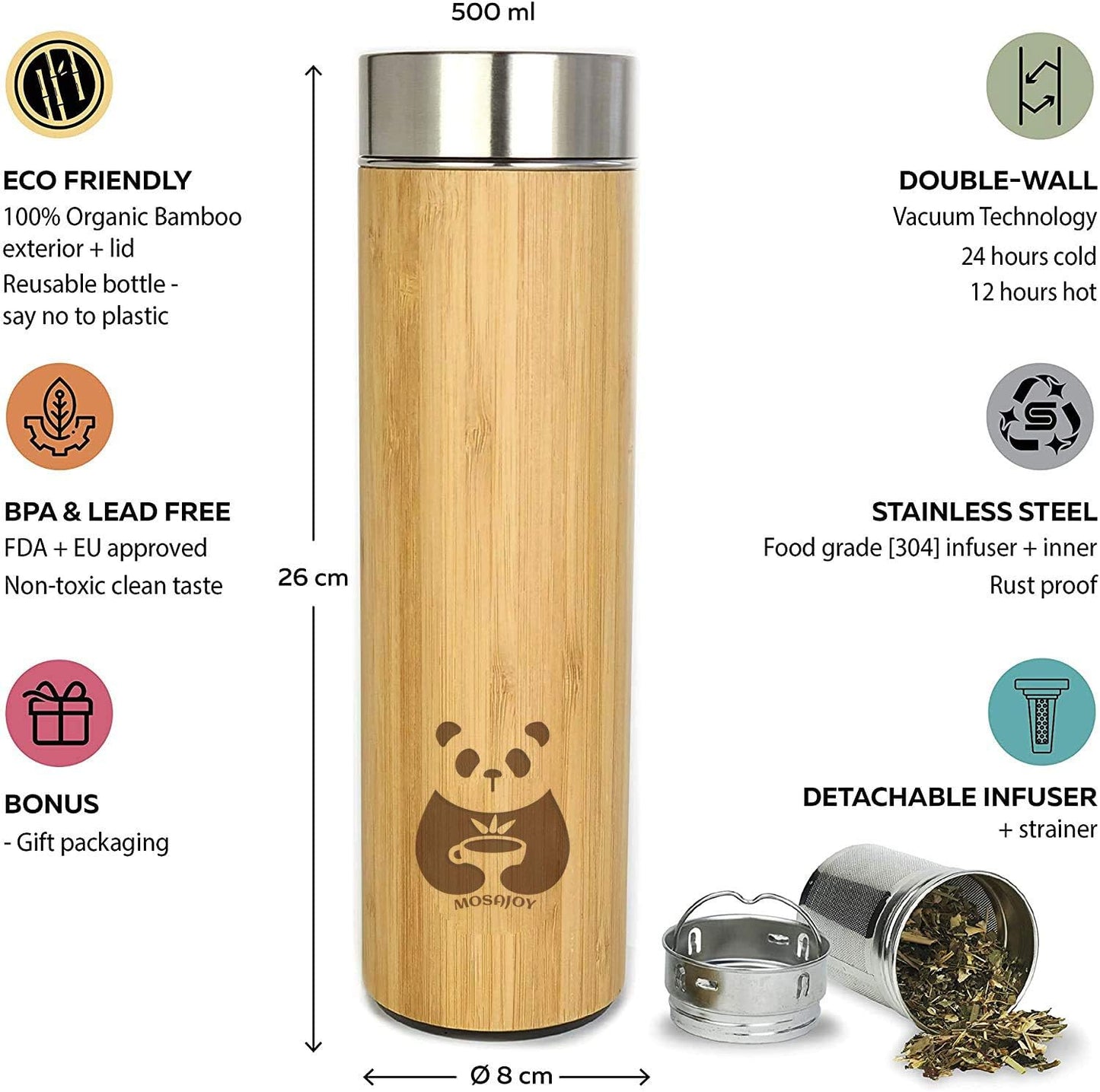 Tea Bottle Bamboo Tumbler with Infuser BPA Free Double Wall Glass Travel Tea Mug with Stainless Steel Filter | Leakproof Tea Bottle with Strainer For Loose Leaf Tea and Fruit Water 17 Ounce