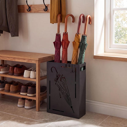Goplus Metal Umbrella Holder, Indoor Umbrella Stand Freestanding, Black | Removable Drip Tray, 4 Hanging Hooks, Heavy-Duty Rectangular Umbrella Holders for Entryway, Home Office, 11 x 5 x 16 Inch