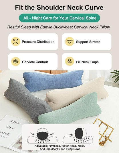 Buckwheat Neck Pillow, Cervical Neck Roll Bolster Pillow for Pain Relief, Washable Cover, Firm Neck Support Ideal for Back Side Sleepers, Office Lunch Break, Blue 15 X 5 Inches