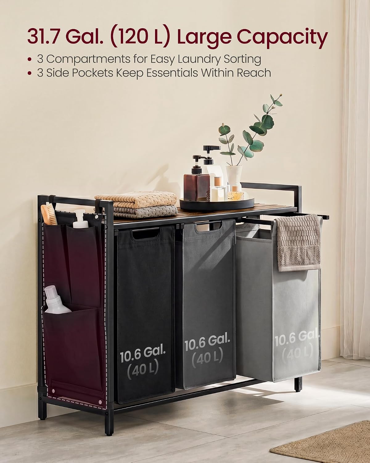 VASAGLE Laundry Hamper, Laundry Basket Sorter with 3 Pull-Out and Removable Bags, Shelf, Metal Frame, 3 x 10.6 Gallons (40 L), 36.4 x 13 x 28.4 Inches, Cappuccino Beige and Natural Beige UBLH301LH01