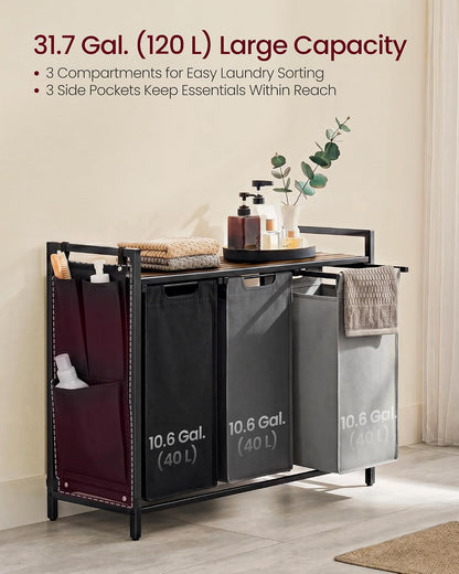 VASAGLE Laundry Hamper, Laundry Basket Sorter with 3 Pull-Out and Removable Bags, Shelf, Metal Frame, 3 x 10.6 Gallons (40 L), 36.4 x 13 x 28.4 Inches, Cappuccino Beige and Natural Beige UBLH301LH01