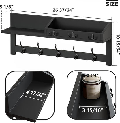 AMBIRD Wall Hooks with Shelf, 26.57 Inch Entryway Wood Coat Hooks for Wall with Shelf, Coat Rack Wall Mount with 5 Dual Hooks 3 Key Hooks Mail Organizer and Key Rack Holder (Brown)