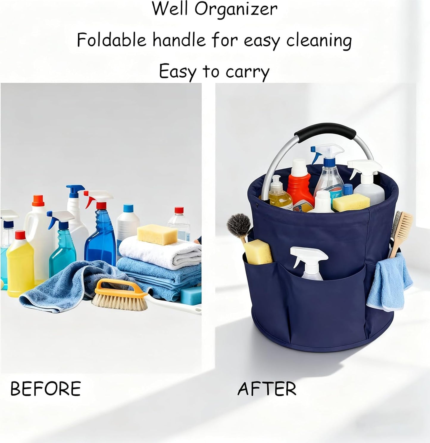 17L Cleaning Caddy with Handle, Portable Picnic Basket, Apple Picking Basket, Gift Basket, Collapsible Bathroom Storage Baskets for Dorm, Bathroom, Tool, Garden, Cleaning Supplies (Black)