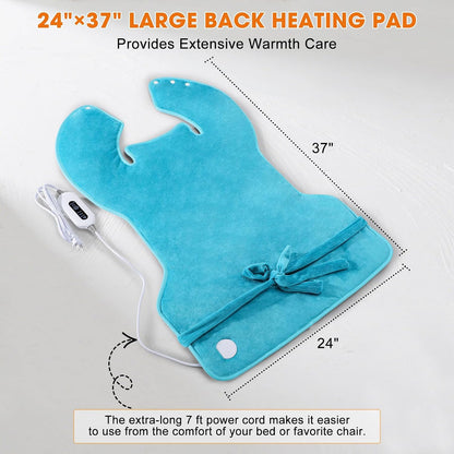 Tovve Heating Pad for Back Neck Shoulders, Large Wearable Relax Muscles, Birthday Gifts for Women Men Mom Dad Elderly, 3 Heat Settings/2-Hour Safe Auto-Off, 24"×37" Ergonomic Fit Design-Blue