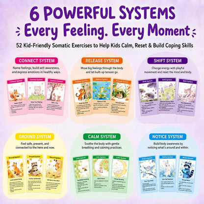 Somatic Therapy Cards for Kids, 52 Emotional Regulation Exercises Mindfulness, Calm, Focus & Coping Skills Therapy Tools for Home, School, Calm Down Corner Ages 5-12
