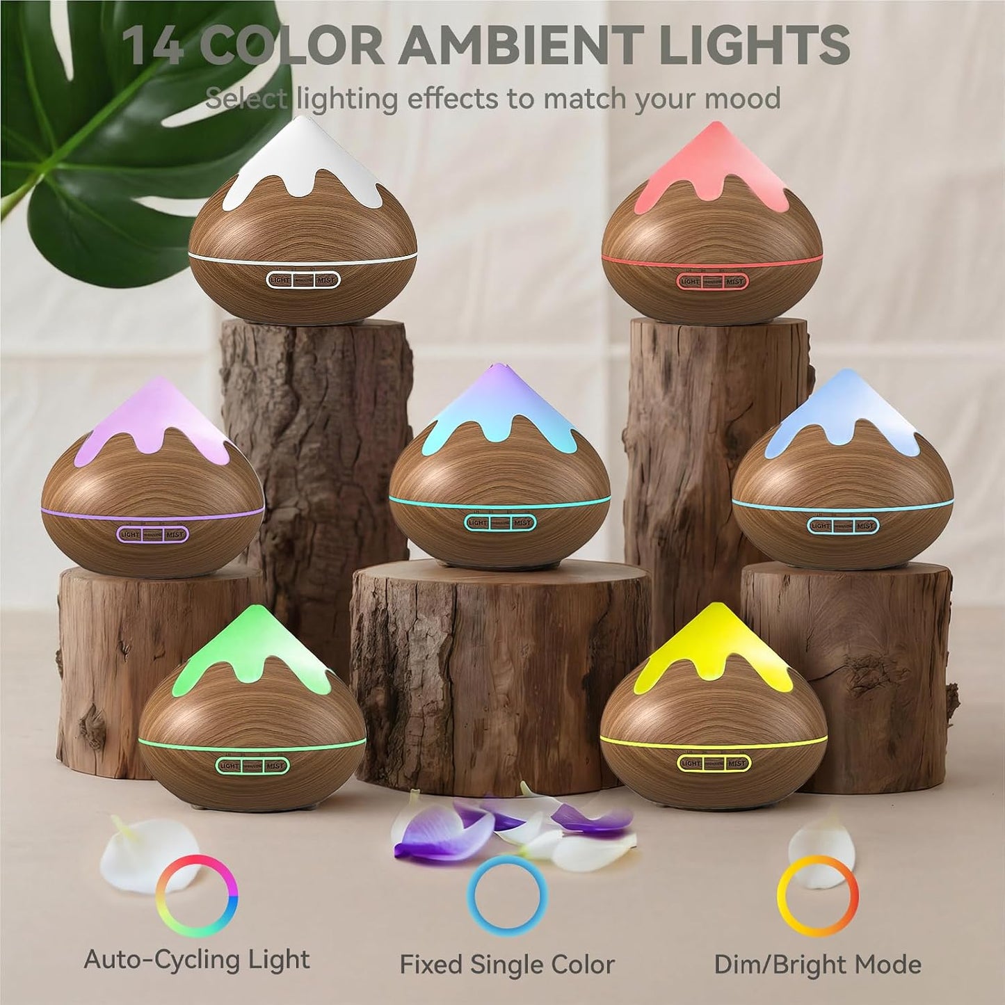500ML Essential Oil Diffuser, Aromatherapy Diffuser with Remote Control, Multifunctional Air Diffusers for Home Office Room, Fragrance Aroma Diffuser with 7 Color LED & 2 Mist Mode, Brown