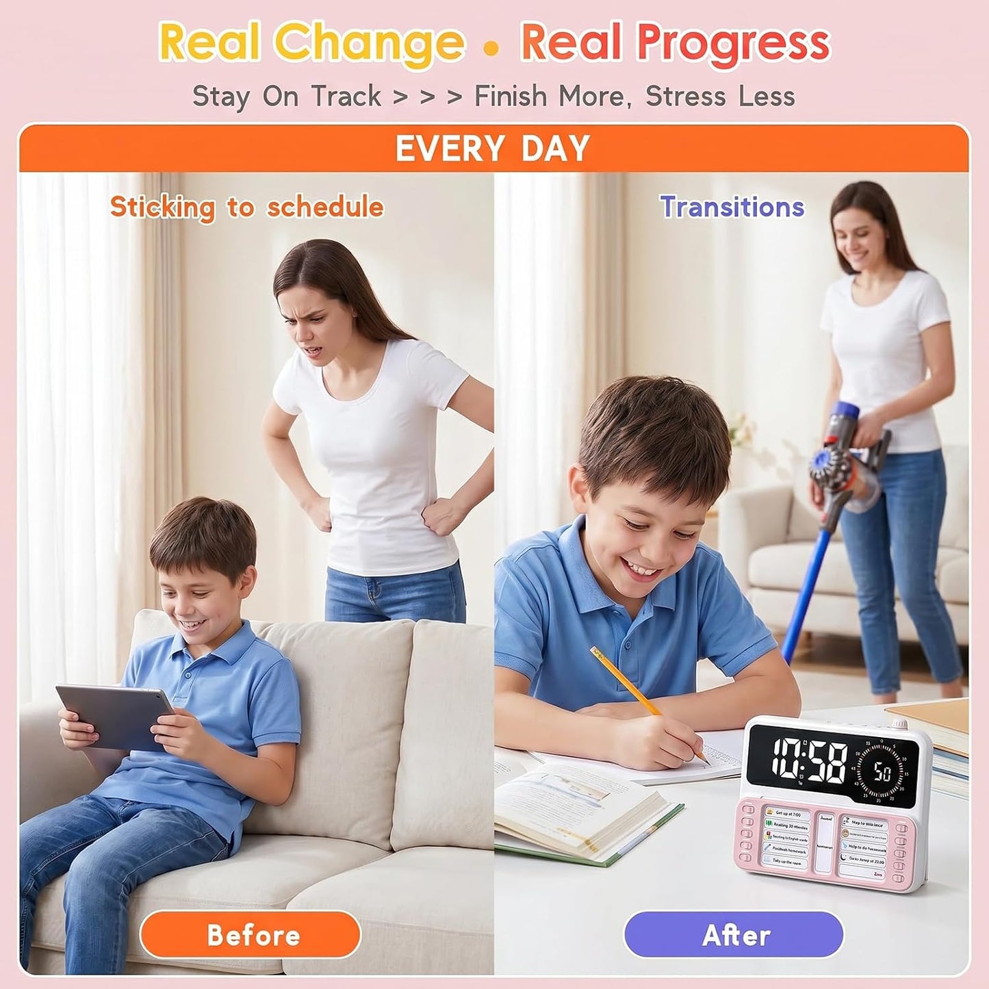 7-in-1 Visual ADHD Timer for Kids with Chore Chart Board, ADHD Tools Schedule for Kids with Autism, Alarm, Countdown, Date, Temperature, Storage, Daily Checklist for Home/School/Classroom/Desk(Pink)