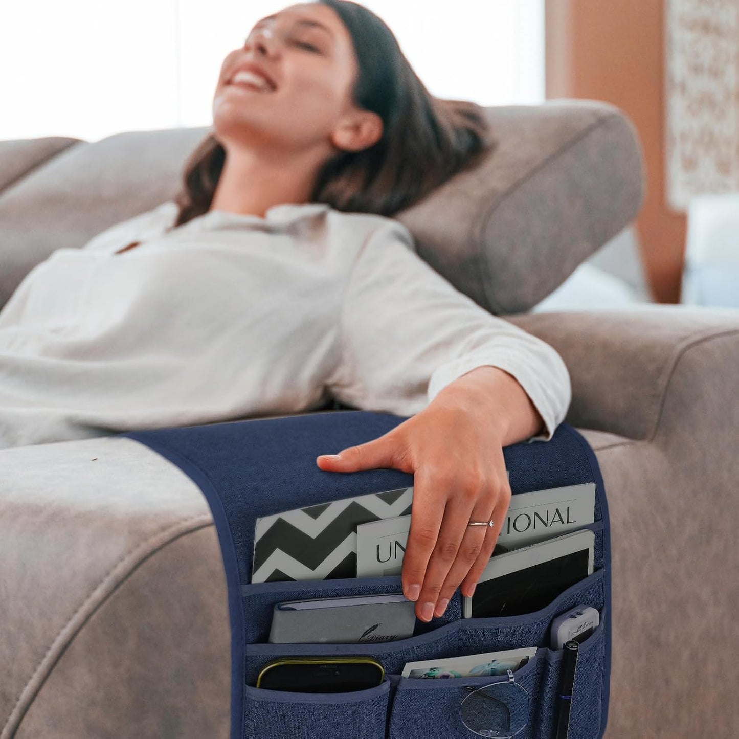 Teniux Remote Control Holder GRS Certified Armchair Caddy for Recliner Couch, Recycled Material Non-Slip Armrest Organizer with 5 Pockets for Magazine, Tablet, Phone, iPad (Dark Grey)