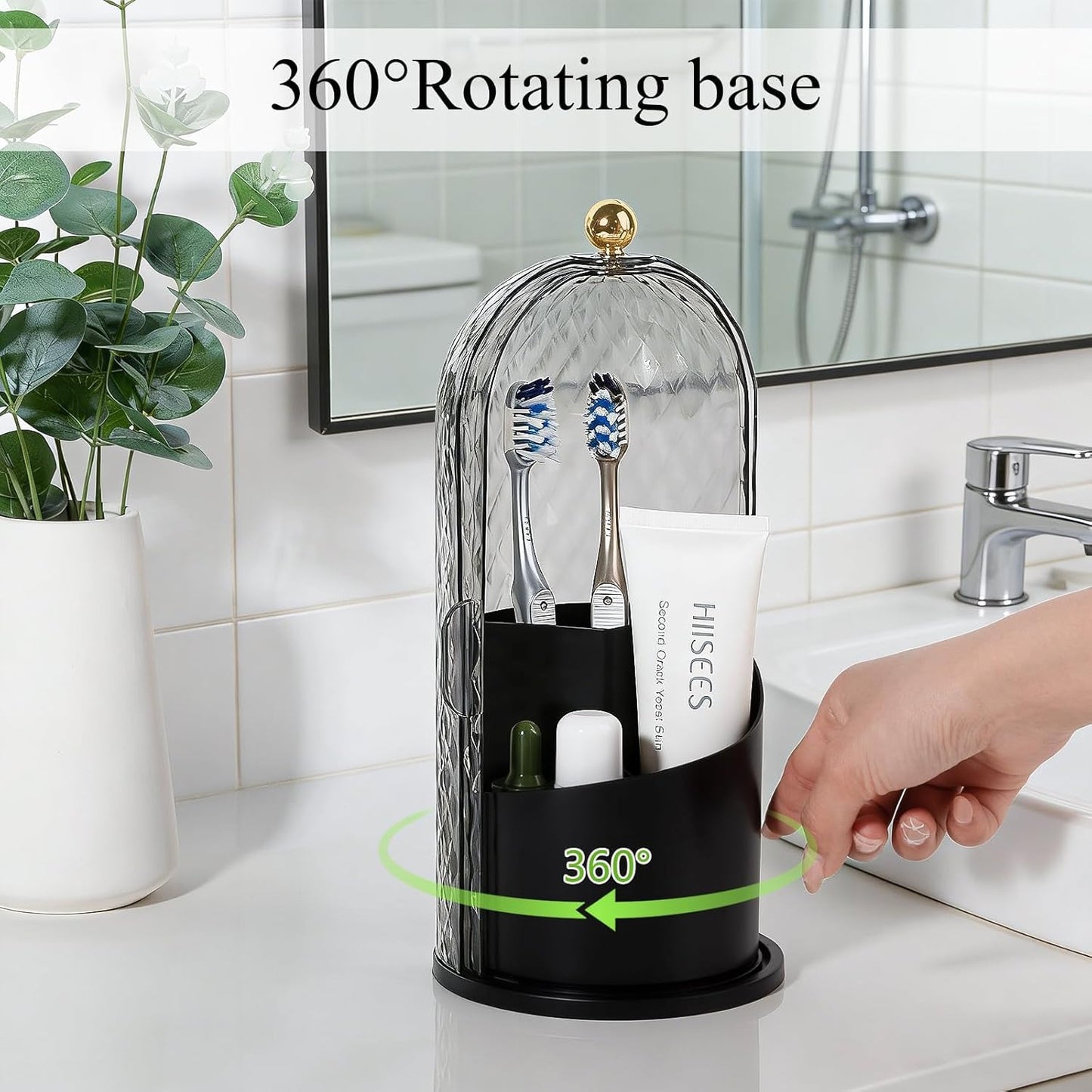 Toothbrush Holder with Cover for Bathroom Countertop, Organizer, White | Rotating 3 Slot Holder for Electric Toothbrushes, Toothpaste, Self Draining Vanity Organizer, Makeup Brush Storage