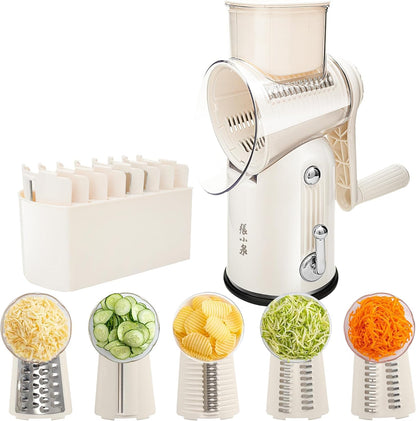Rotary Cheese Grater Manual Hand Crank with 5 Blades & Suction Base, Kitchen Vegetable Shredder Slicer for Veggie, Nuts, Fruit, Cream