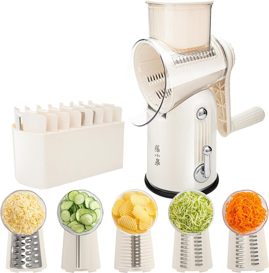 Rotary Cheese Grater Manual Hand Crank with 5 Blades & Suction Base, Kitchen Vegetable Shredder Slicer for Veggie, Nuts, Fruit, Cream