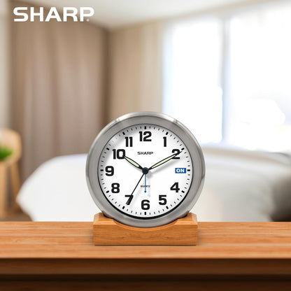 Sharp Silent Sweep Non-Ticking Analog Alarm Desk Metal Clock, Wood Stand | Wall mount, luminous hands, on/off indicator, AA powered, bedroom, office, study, quiet workspace, shelf, nightstand, table