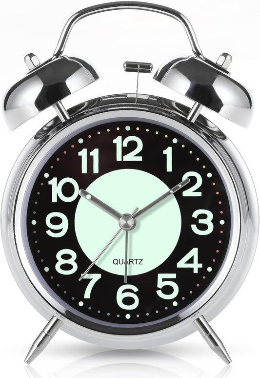 Super Loud Alarm Clock For heavy sleepers,4 inches Twin Bell Alarm Clock with Backlight,Battery Operated,Silent Non Ticking,For Kids,Adults,Bedrooms,Retro decor Desk Analog Clocks.. (Noctilucent)