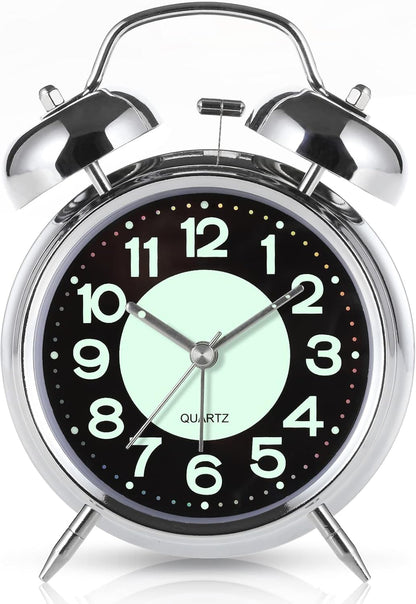 Super Loud Alarm Clock For heavy sleepers,4 inches Twin Bell Alarm Clock with Backlight,Battery Operated,Silent Non Ticking,For Kids,Adults,Bedrooms,Retro decor Desk Analog Clocks.. (Noctilucent)