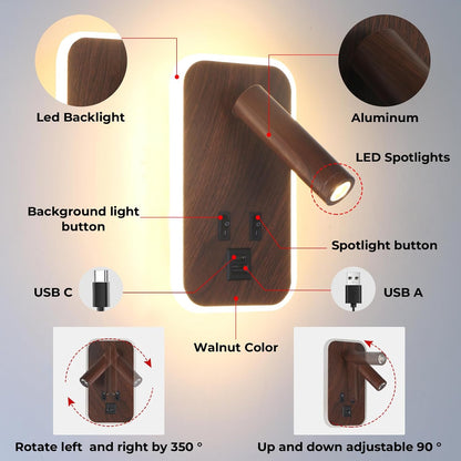 Plug in Wall Sconce with Wall Mounted Reading Lights with Switch | Wall Lamp for Bedroom with Charging Station USB C+A Ports,Bunk Bed Lights with 3W+9W Night Light,Walnut Color Reading Light