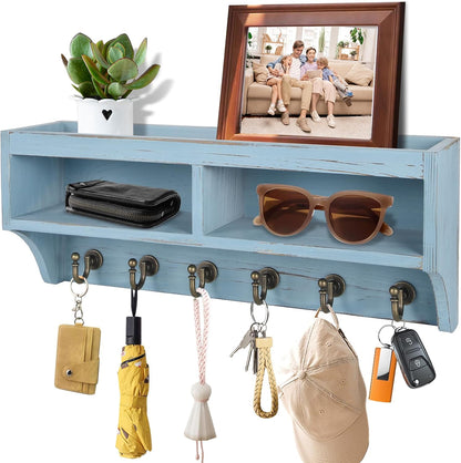 Key Holder Wall Mount with Mail Organizer, 6 Hooks & Shelf, Brown | Wood Key Holder Wall Mount with 6 Key Hooks, Shelf & Storage Box and Mail Organizer for Entryway, Apartment, Home and Office