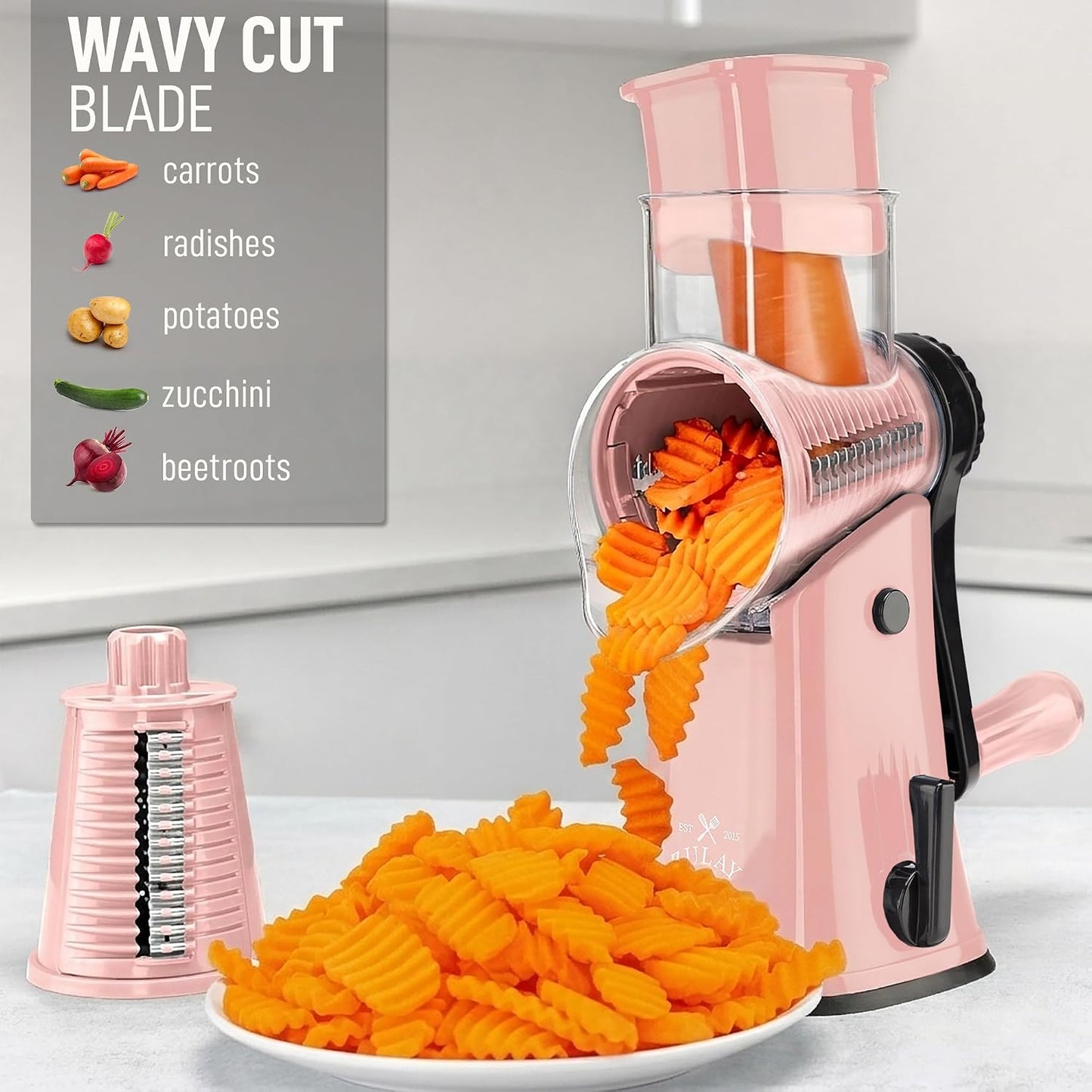 Zulay Kitchen Rotary Cheese Grater 5 Blade Cheese Shredder - Manual Hand Crank Cheese Grater With Reinforced Suction & 5 Interchangeable Drums - Easy to Use, Vegetable Chopper Round Mandoline Slicer - Colors A