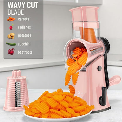 Zulay Kitchen Rotary Cheese Grater 5 Blade Cheese Shredder - Manual Hand Crank Cheese Grater With Reinforced Suction & 5 Interchangeable Drums - Easy to Use, Vegetable Chopper Round Mandoline Slicer - Colors A