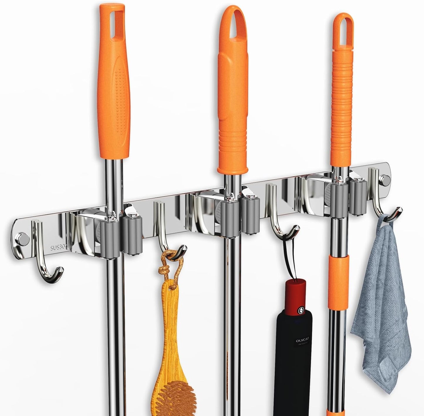 CUXIXA Mop and Broom Holder Wall Mount, Upgraded Broom Organizer Wall Mount, Stainless Steel Broom Hanger Wall Mount for Home Kitchen Garden Laundry Garage (3 Racks with 4 Hooks)