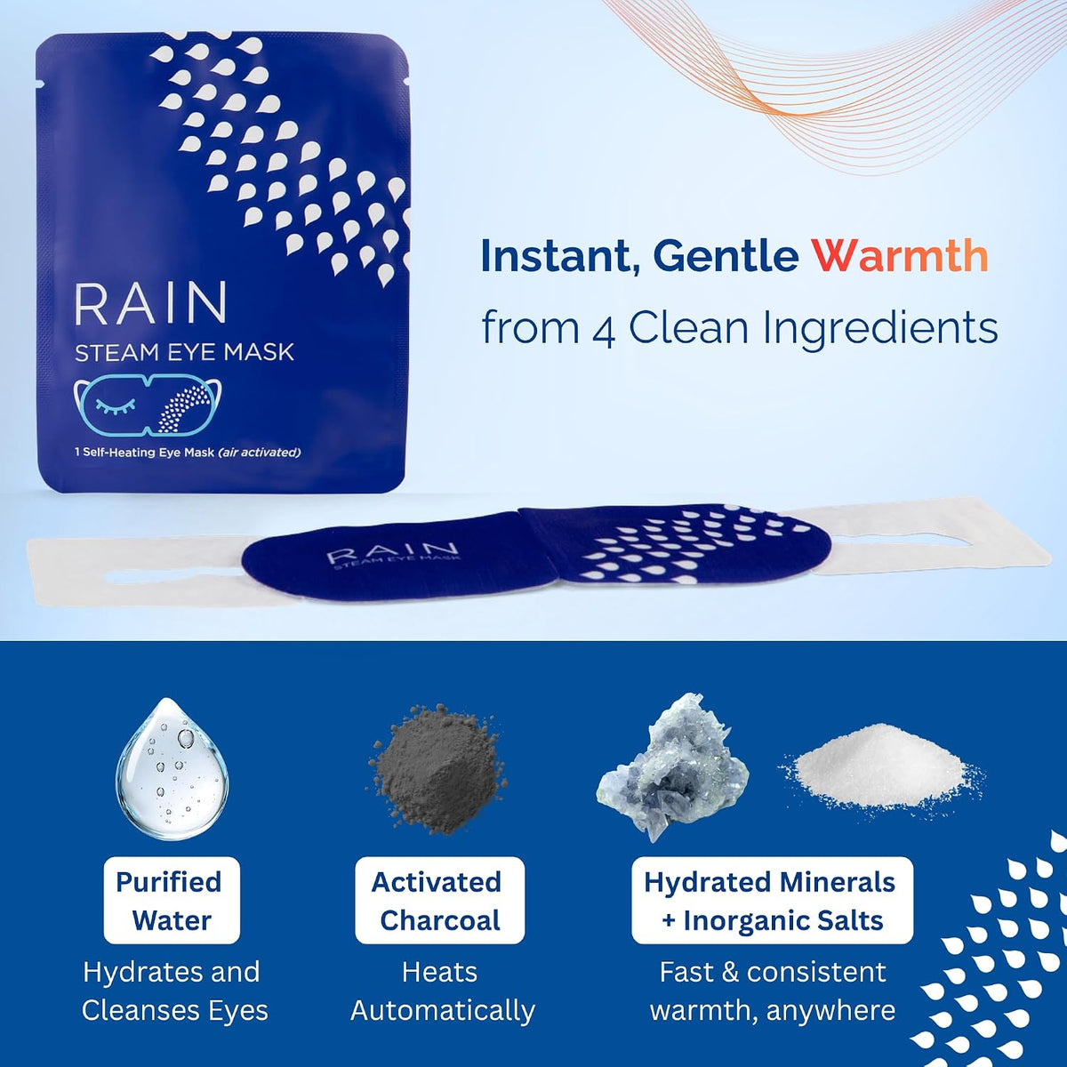 Rain - Heated Eye Mask for Dry Eyes, Self Heating Steam Eye Masks Disposable, Warm Compress for Eyes, Stye Treatment, Moist Heat, Unscented, No Microwave, Travel Ready (20 Masks)