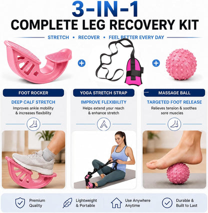 3-in-1 Calf Stretcher & Foot Rocker Kit, Portable Physical Therapy Tool with Leg Stretch Strap & Foot Massage Ball, Relief for Plantar Fasciitis, Achilles Tendonitis, Heel Pain, Yoga, Running