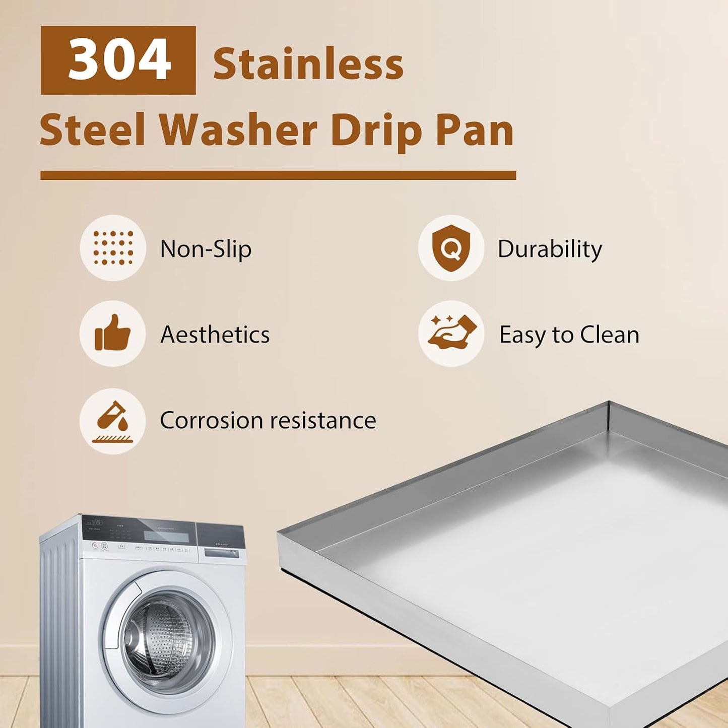 Upgraded 30" x 28"×2.5" 304 Stainless Steel Washing Machine Drip Pan | Heavy Duty Washer Drip Tray with Anti-slip Bottom Pad-Free with this Multi-Purpose Washer Drip Pan