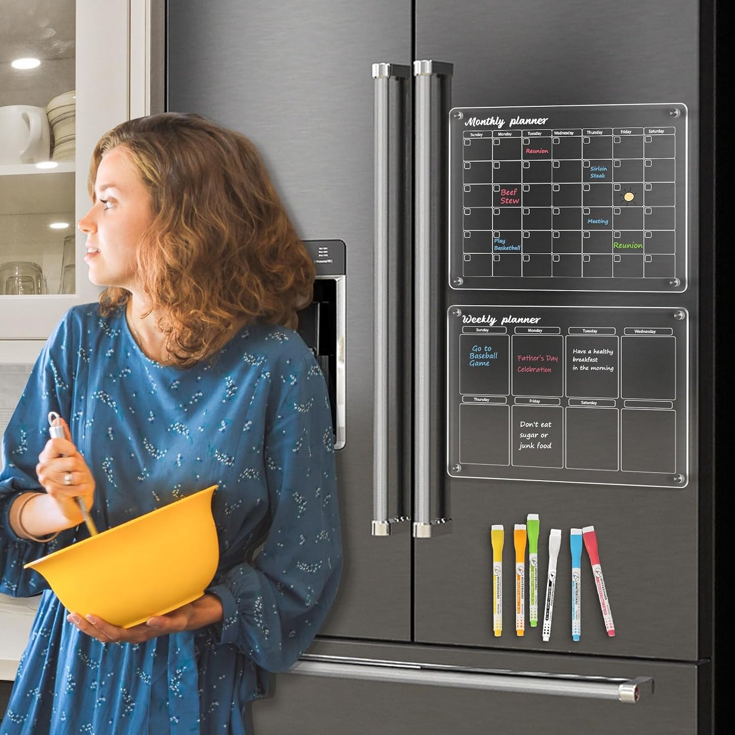 Acrylic Calendar for Fridge, Monthly Clear Acrylic Magnetic Dry Erase Board for Refrigerator, Set of 2 Stronger-Magnetic Reusable Fridge Planner, Includes 6 Liquid Chalk Markers