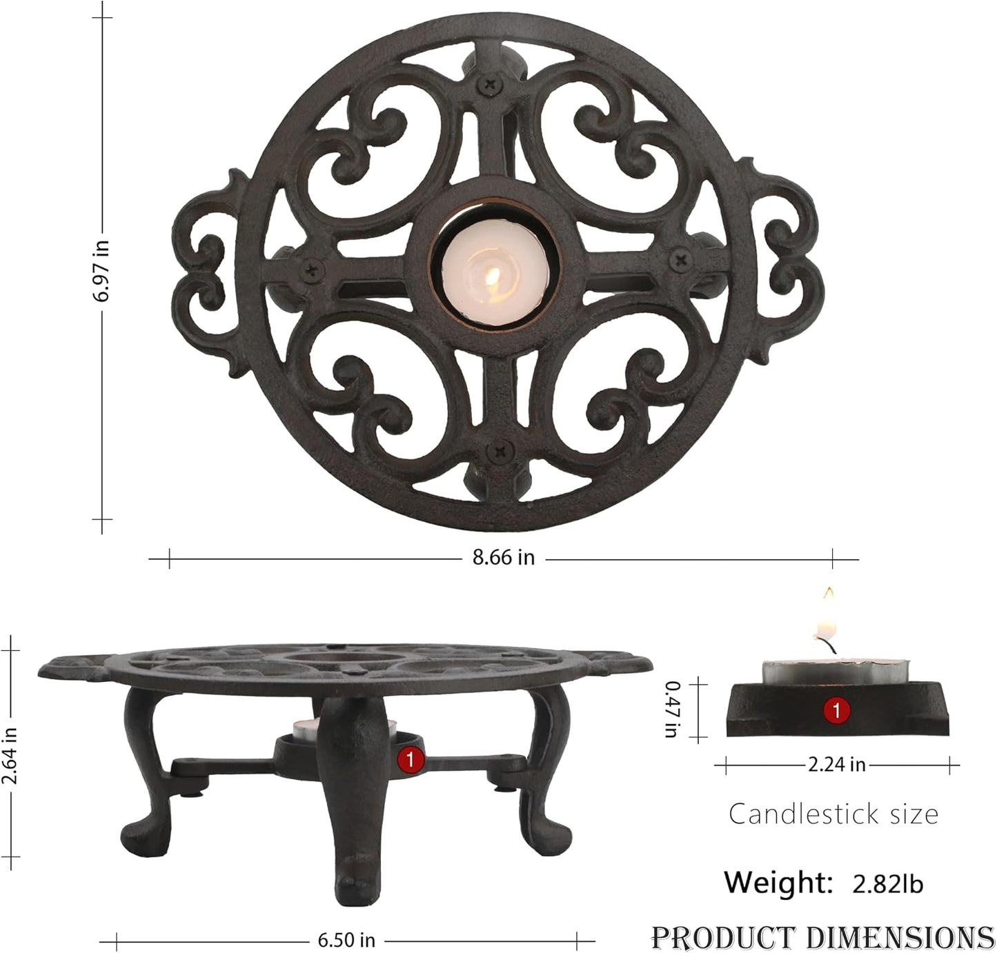 Cast Iron Teapot Warmer, Tea Pot Warmer with Tealight Holder, Portable Wind-Resistant Tea Pot Warmer Base with Candles & Pinch Mitts, for Heat Food Coffee Milk or Tea