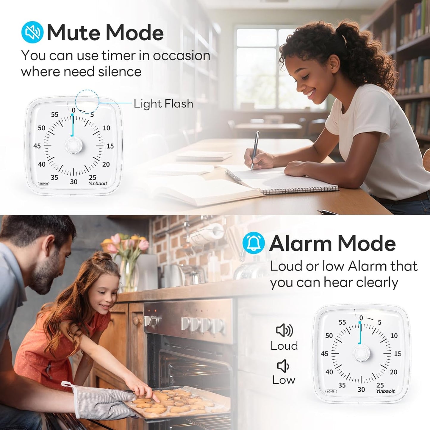 Yunbaoit Visual Timer with Night Light, 60 Minute Countdown, Light Blue | 3 Alarm Modes, Mute Flash, for Kids and Adults, Time Management Tool for Classroom, Home, School, and Work