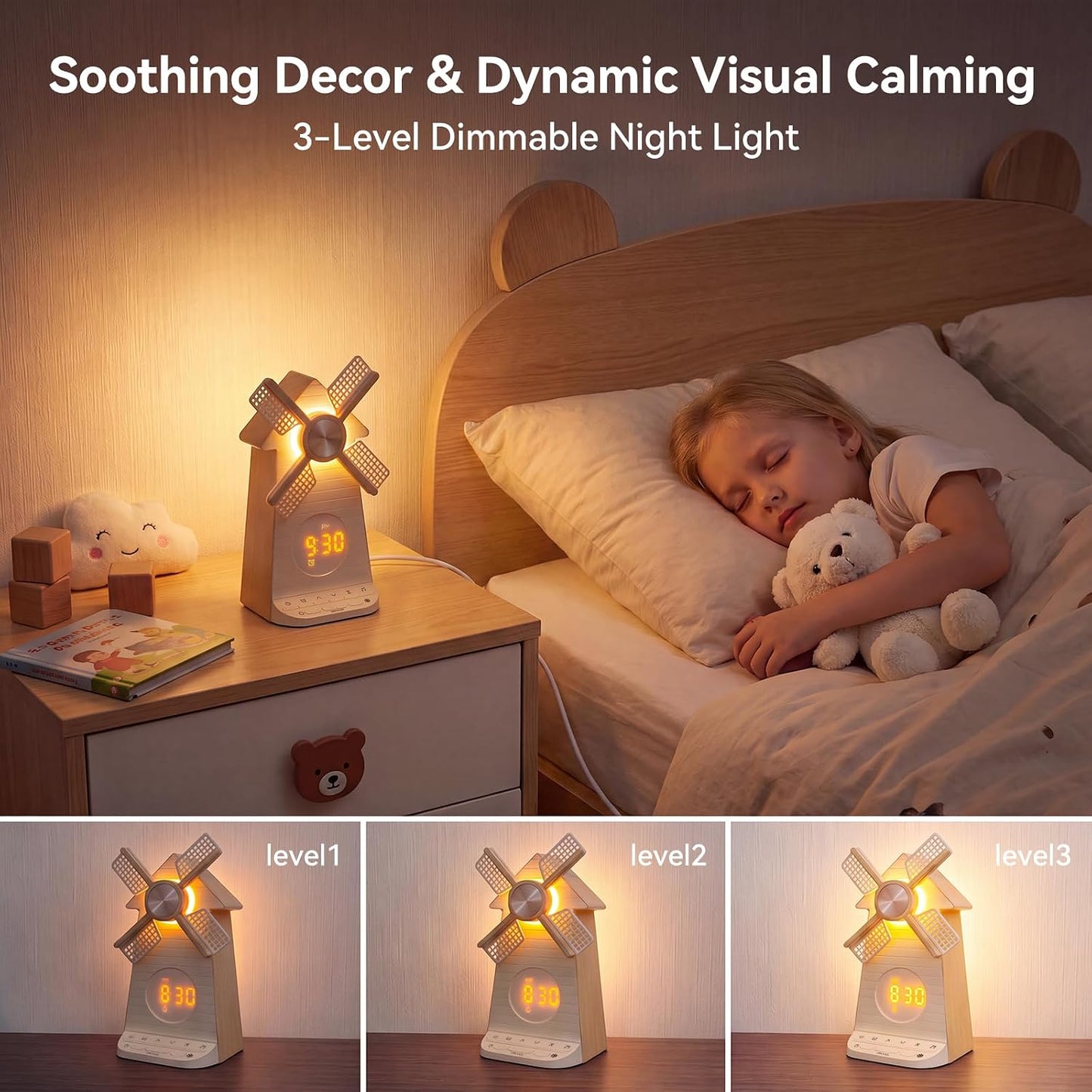 Sunrise Alarm Clock with Rotating Windmill, White Noise Machine for Sleeping with 20 Soothing Sounds, Sound Machine Alarm Clock for Bedrooms Kids Adults, 3-Level Night Light, USB Charger Port