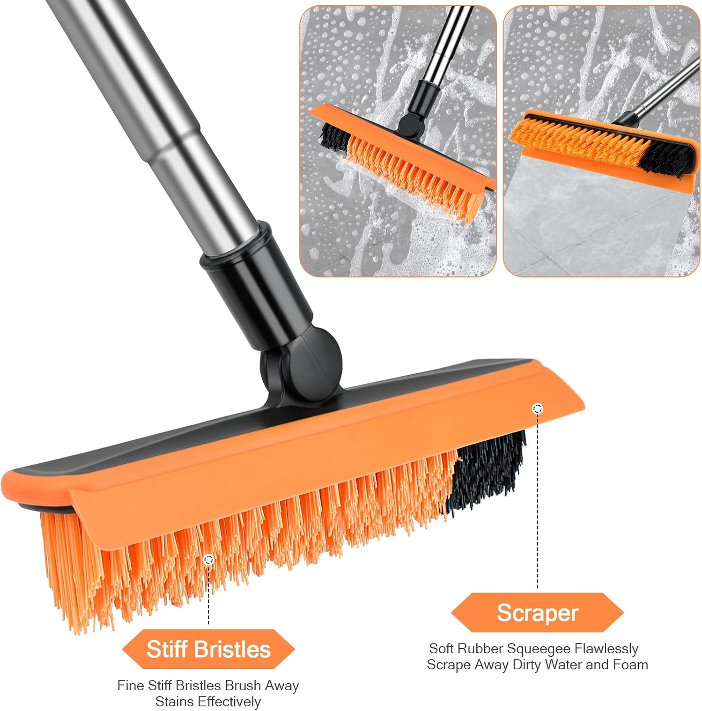 2 in 1 Floor Brush Scrubber with Long Handle Grout Brush 3 Poles 53.5'' New Upgrade Stiff Bristle Cleaning Scrub Brush with Squeegee 120°Rotating Tile Brush for Cleaning Bathroom Glass Patio Kitchen