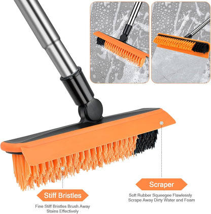 2 in 1 Floor Brush Scrubber with Long Handle Grout Brush 3 Poles 53.5'' New Upgrade Stiff Bristle Cleaning Scrub Brush with Squeegee 120°Rotating Tile Brush for Cleaning Bathroom Glass Patio Kitchen