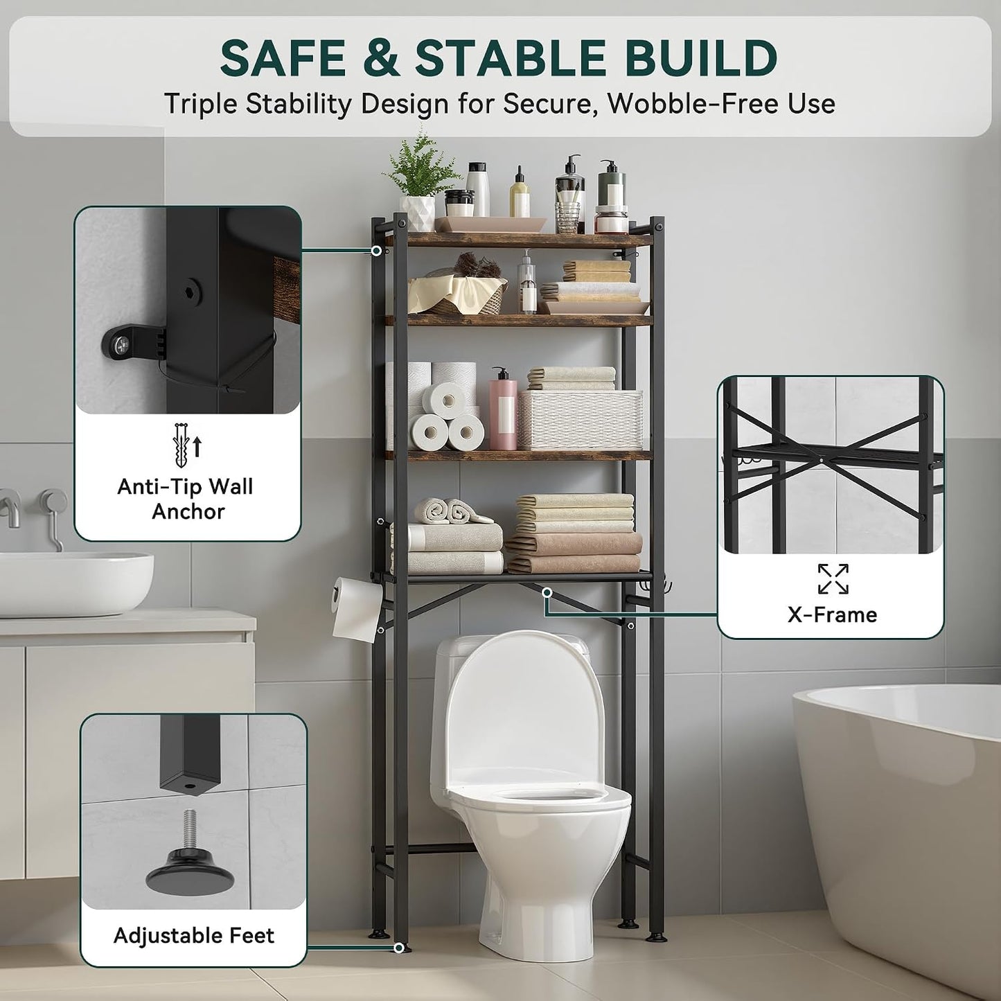 GloTika 3-Tier Over Toilet Storage, Anti-Tilt, 64" H, Black | Anti-Tilt Safety System, 150lb Capacity, Carbon Steel, Freestanding, No Drilling, Anti-Rust Coating, Paper Holder & 4 Hooks