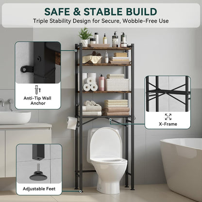 GloTika 3-Tier Over Toilet Storage, Anti-Tilt, 64" H, Black | Anti-Tilt Safety System, 150lb Capacity, Carbon Steel, Freestanding, No Drilling, Anti-Rust Coating, Paper Holder & 4 Hooks