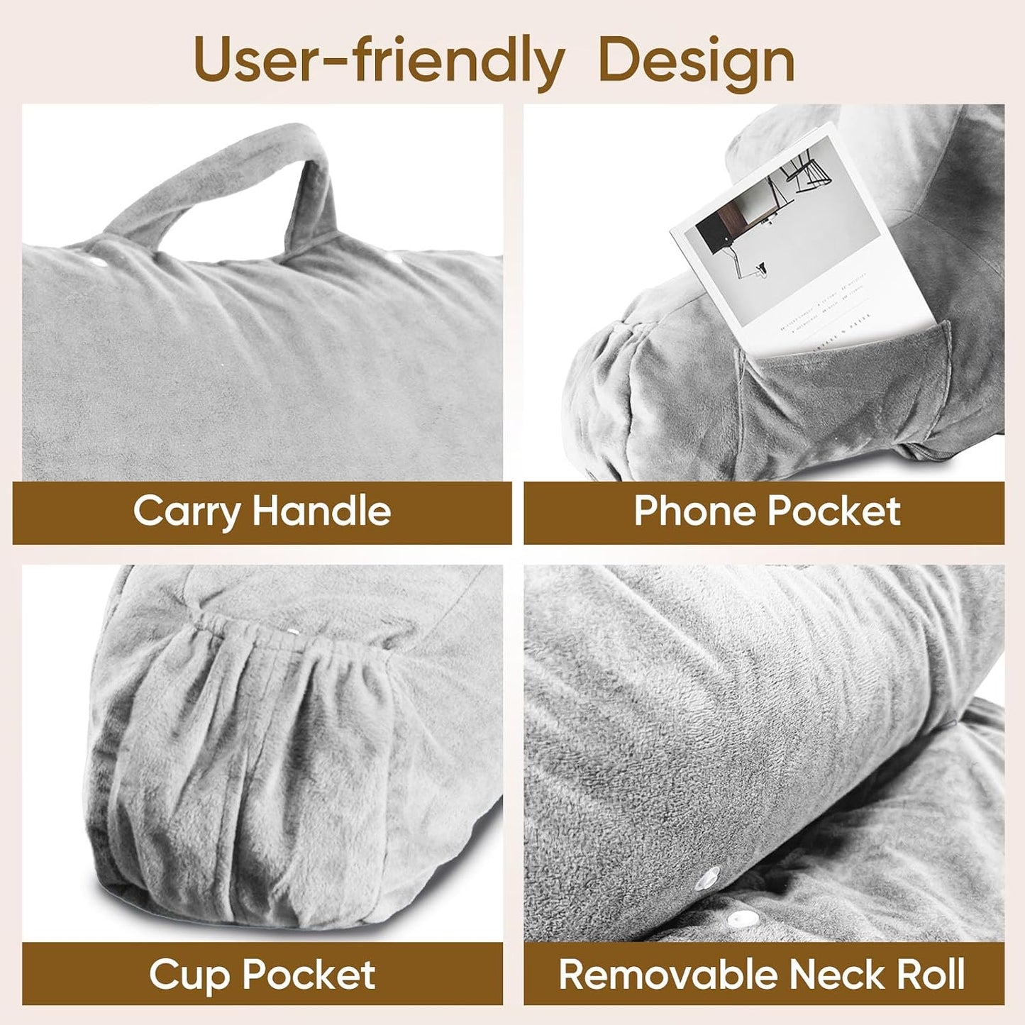 OAISZ Reading Pillow for Sitting in Bed with Shredded Memory Foam, Grey | 19-Inch Back Pillow for Sitting Up in Bed, Extended Arms, Side Pockets, Supportive Adjustable Pillow Removable Washable Cover