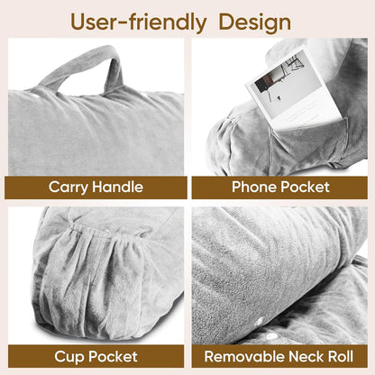 OAISZ Reading Pillow for Sitting in Bed with Shredded Memory Foam, Grey | 19-Inch Back Pillow for Sitting Up in Bed, Extended Arms, Side Pockets, Supportive Adjustable Pillow Removable Washable Cover