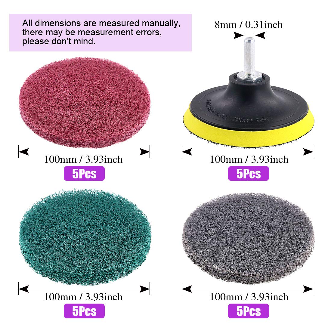 Swpeet 16Pcs 4Inch 3 Different Color Scrubbing Pads Drill Powered Brush Tile Scrubber Scouring Pads Cleaning Kit, Abrasive Buffing Pads Replacement with 1 Pcs Hook Attachment for House Cleaning