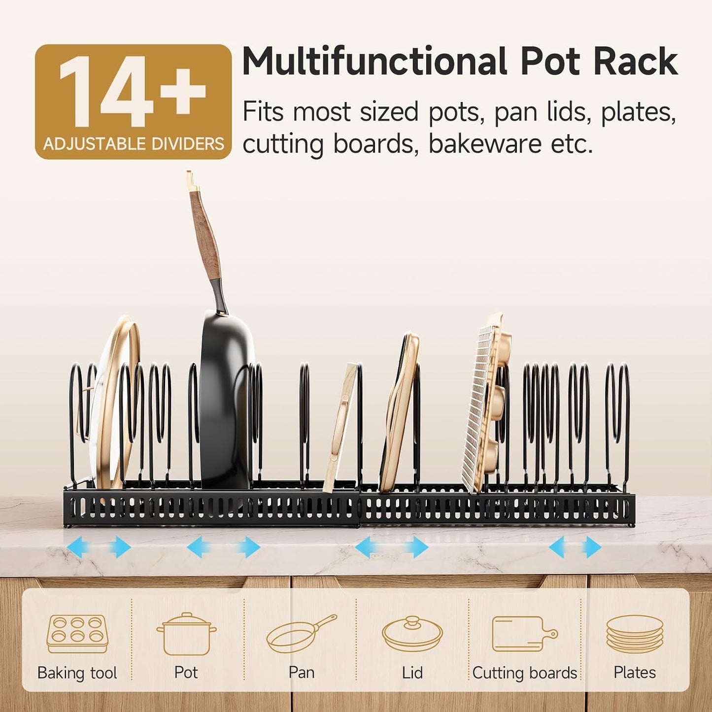 MUDEELA Pot Lid Organizer for Cabinet, Adjustable Baking Pan Rack 7 Slots | 7 Adjustable Divider, Tool-Free Assembly,Non-Slip, Scratch-Proof, Sturdy Metal Frame, For Pan Lid Cutting Board Bakeware