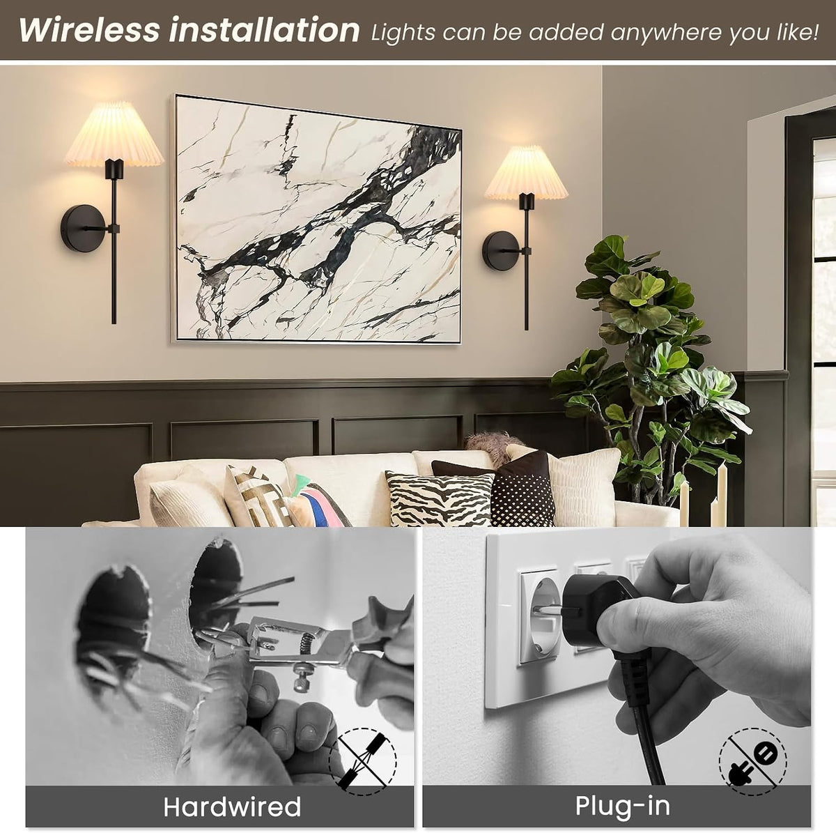 Rechargeable Battery Operated Wall Sconce Sets of 2, 15 Colors Wireless gooseneck Black Wall Lights Fixture with Dimmable Bulbs and Remote, Not Hardwired Wall Mounted Lamps for Bedroom Living Room