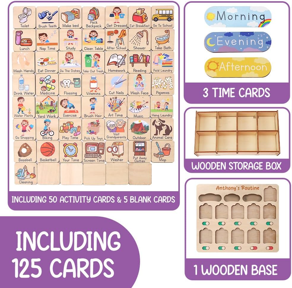 Daily Routine Chart for Kids, Visual Schedule, Routine Chart for Toddlers 3-5, Morning Bedtime Routine Chart for Toddlers, Wooden Chore Chart for Kids