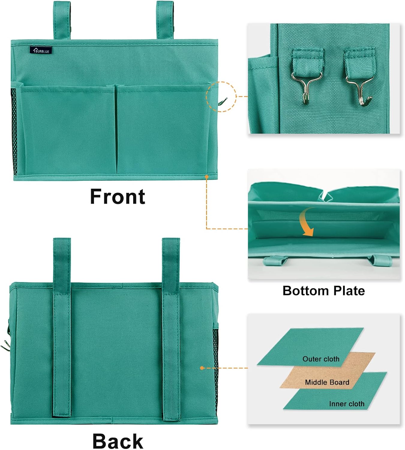 Surblue Bedside Caddy Hanging Organizer Storage Bag Pocket for Bunk, Hospital, College Dorm Rooms, Baby Bed Rails, Camp - 4 Pockets, 2 Hooks (Blue)