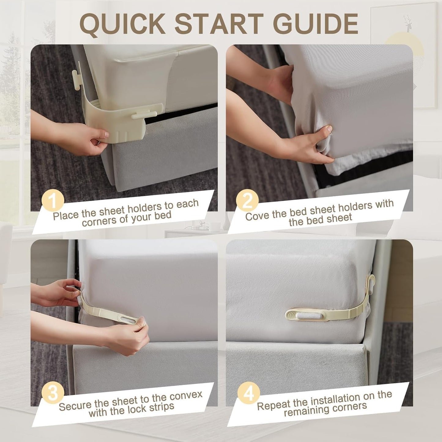 Sheet Holders for Fitted Sheets – 4 Pack Heavy Duty ABS+Silicone Lock Straps, Keep Sheets Firm & Tight, No Slippage – Easy Install Bed Sheet Holders