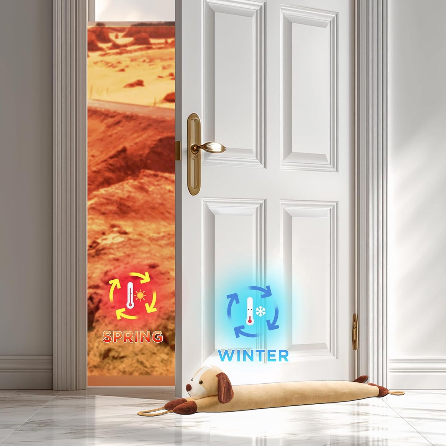 habibee Door Draft Stopper, Weighted Noise Blocker 38 in Coffee Dog | Robust Herringbone Fabric, Weighted Sandbags, Bouncy Cotton Filling, Blocks Light & Dust, Tool-free Setup, Animal Home Decor