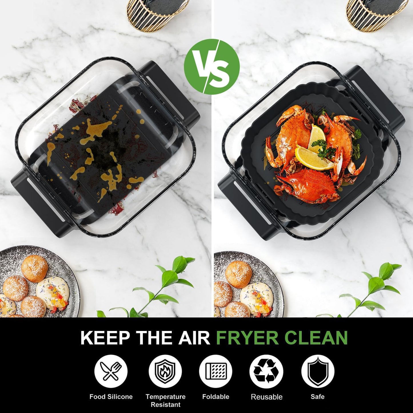 Square Silicone Air Fryer Liners for Ninja Crispi FN101GY FN101SG FN101ST FN101MT FN101PL Large for 4Qt, Small for 6Cup, Reusable Basket Trays, 4-in-1 Portable Glass Airfryer Accessories