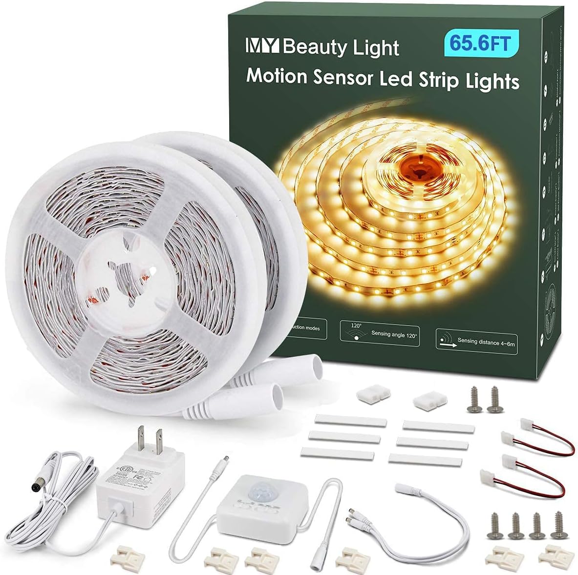 MY BEAUTY LIGHT Motion Activated LED Strip Lights, 16.4ft LED Light Strip with Day or Night 2 Lighting Modes, 3 Timing Off Modes, Bright White 12v Plug-in LED Rope Lights for Under Cabinet, Kitchen