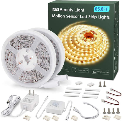 MY BEAUTY LIGHT Motion Activated LED Strip Lights, 16.4ft LED Light Strip with Day or Night 2 Lighting Modes, 3 Timing Off Modes, Bright White 12v Plug-in LED Rope Lights for Under Cabinet, Kitchen