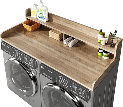 2-Tier Washer and Dryer Countertop with 2.75" H Guard,54" W x 27.5" D Laundry Countertop Cover with Non-Slip Pad,Large Space Laundry Topper for Folding Clothes Over Washer and Dryer-White
