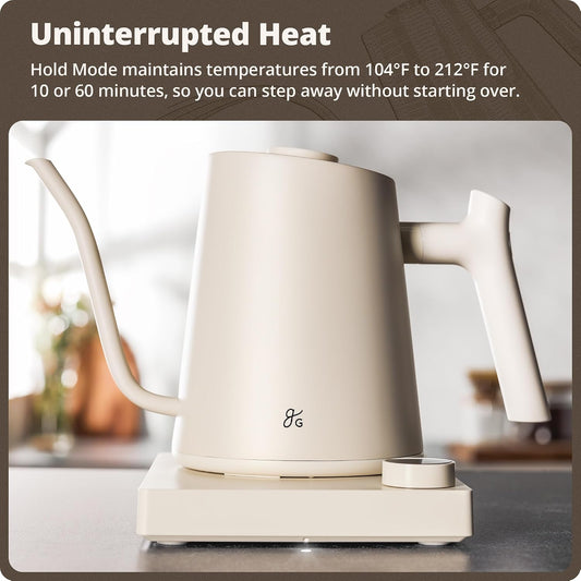 Greater Goods Gooseneck Electric Kettle, 1200W Temperature Control, 0.8L | Pour-Over & Tea Kettle with Stainless Steel Interior, Built-In Brew Timer, Fast Heating for Chemex, V60, & Matcha (White)